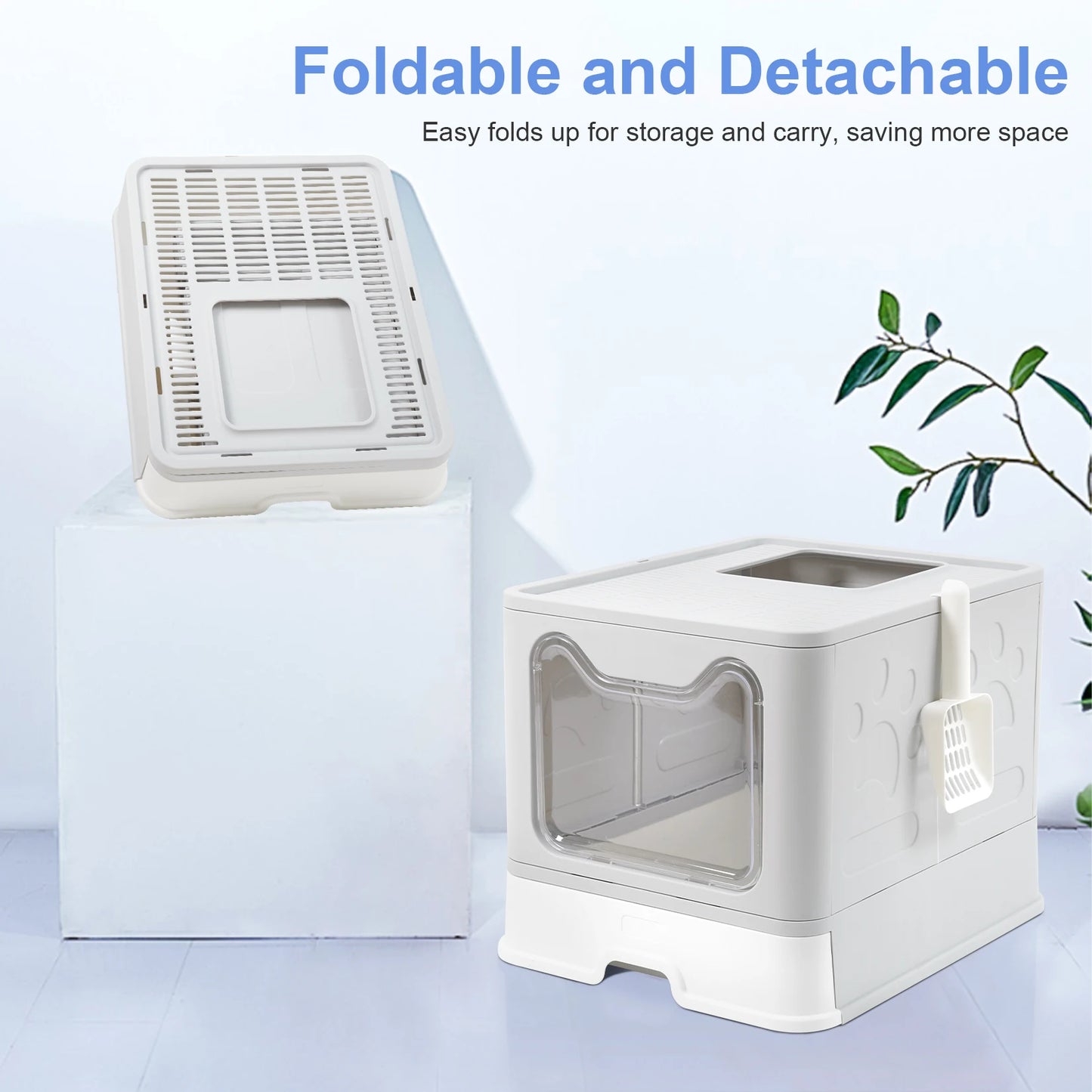 Large Foldable Cat Litter Box with Front Entry & Top Exit with Tray