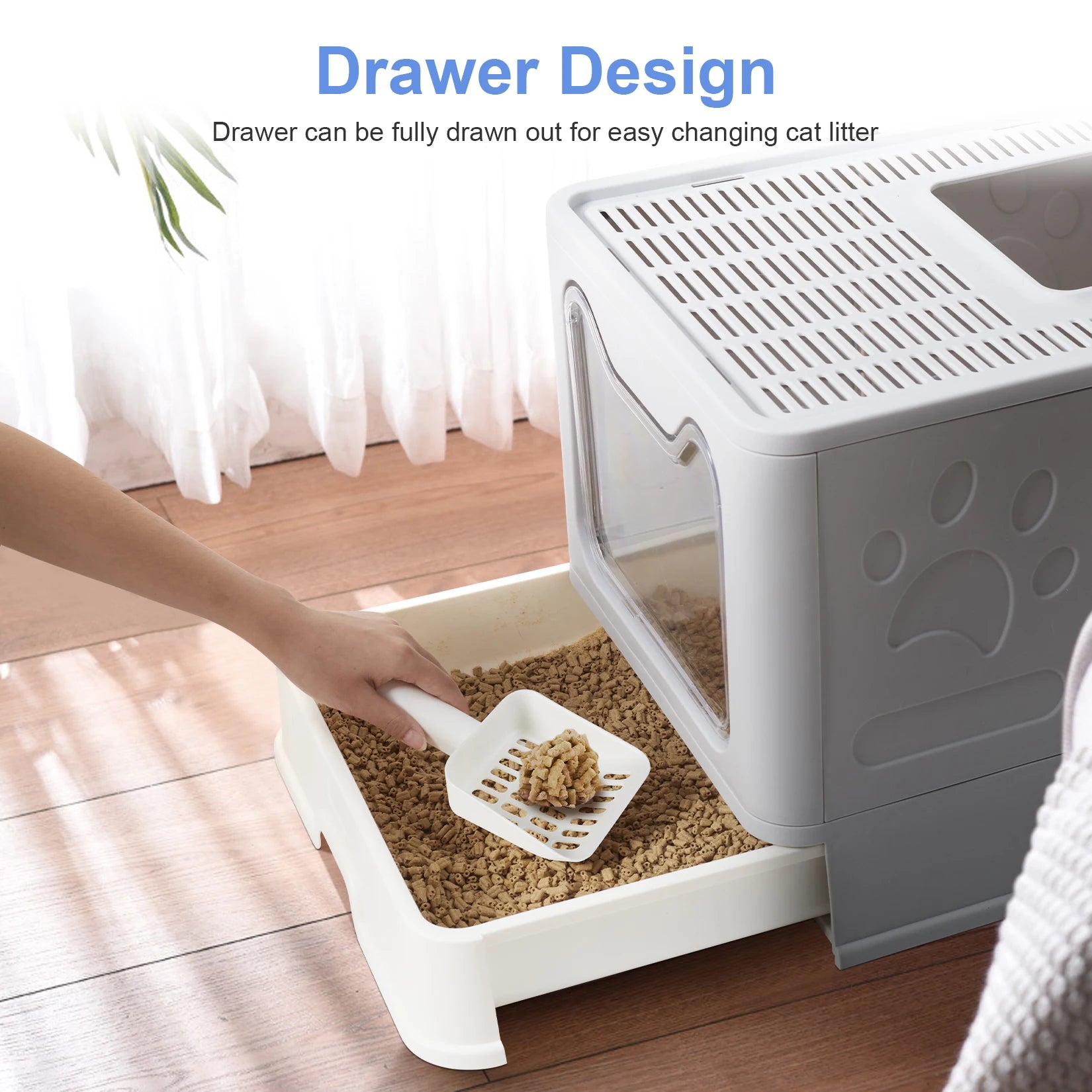 Large Foldable Cat Litter Box with Front Entry & Top Exit with Tray