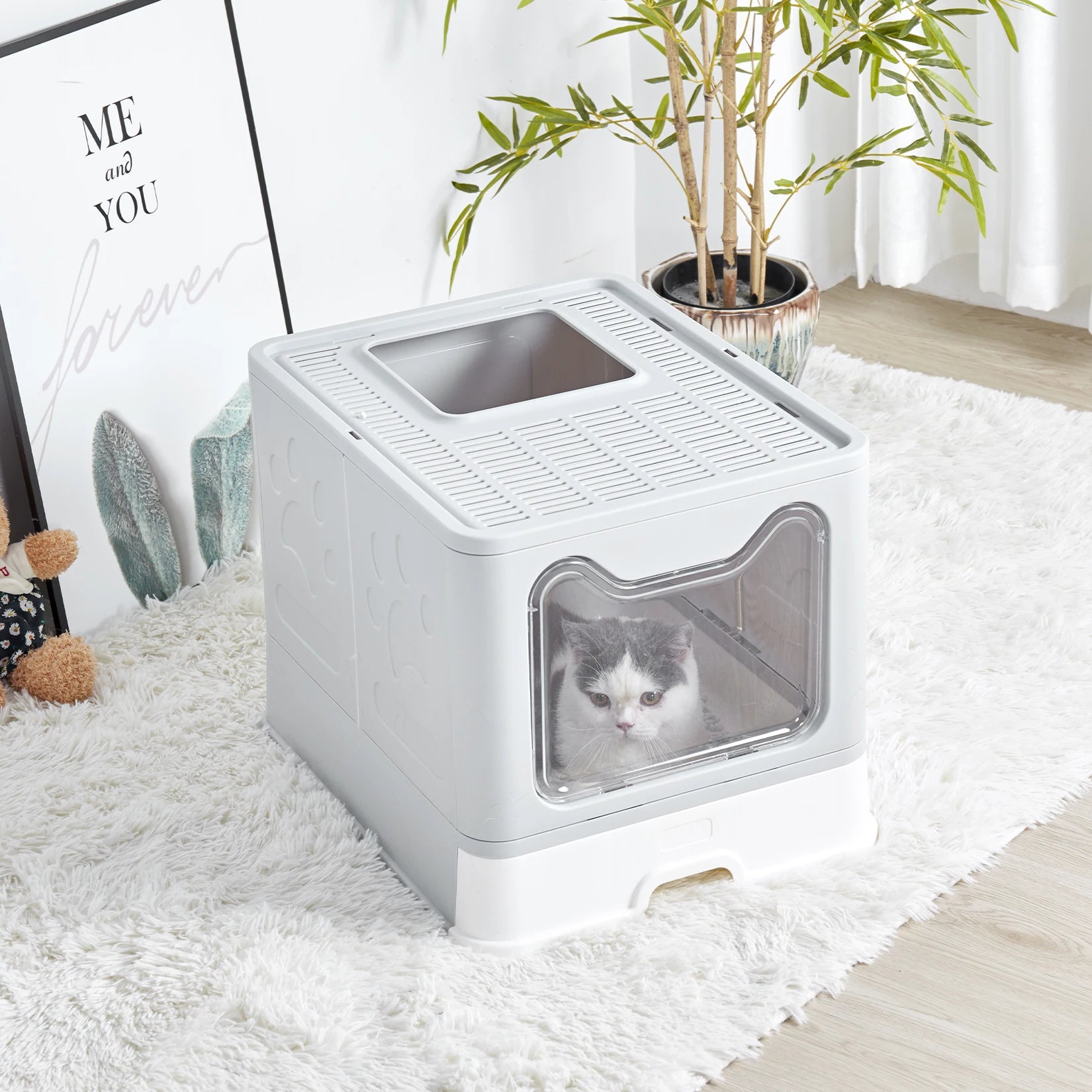 Large Foldable Cat Litter Box with Front Entry & Top Exit with Tray