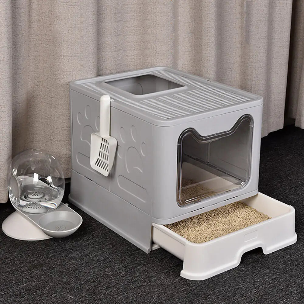 Large Foldable Cat Litter Box with Front Entry & Top Exit with Tray