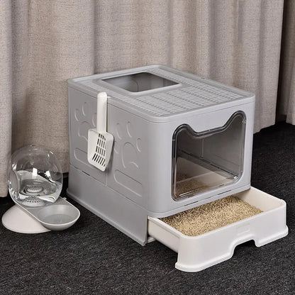 Large Foldable Cat Litter Box with Front Entry & Top Exit with Tray
