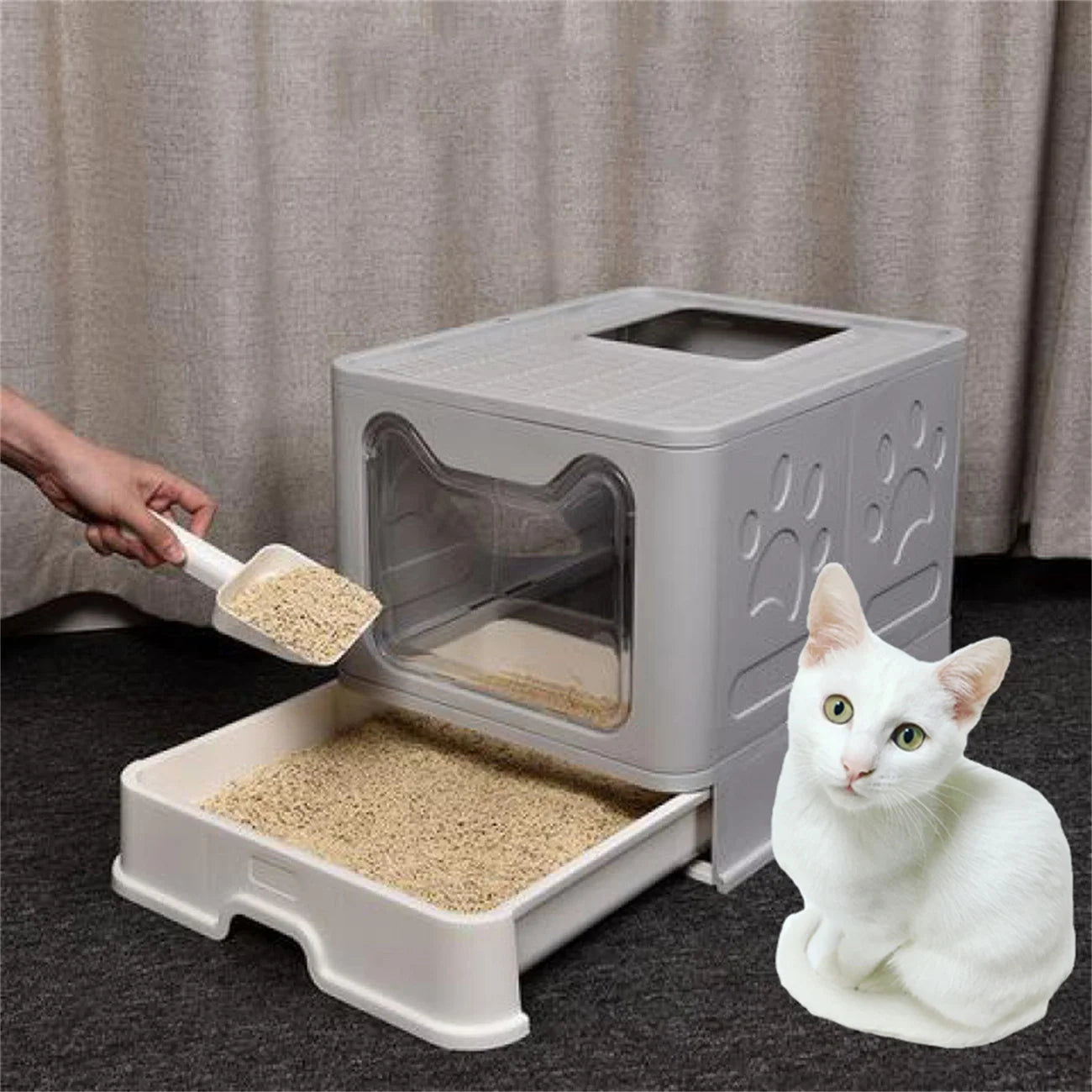 Large Foldable Cat Litter Box with Front Entry & Top Exit with Tray